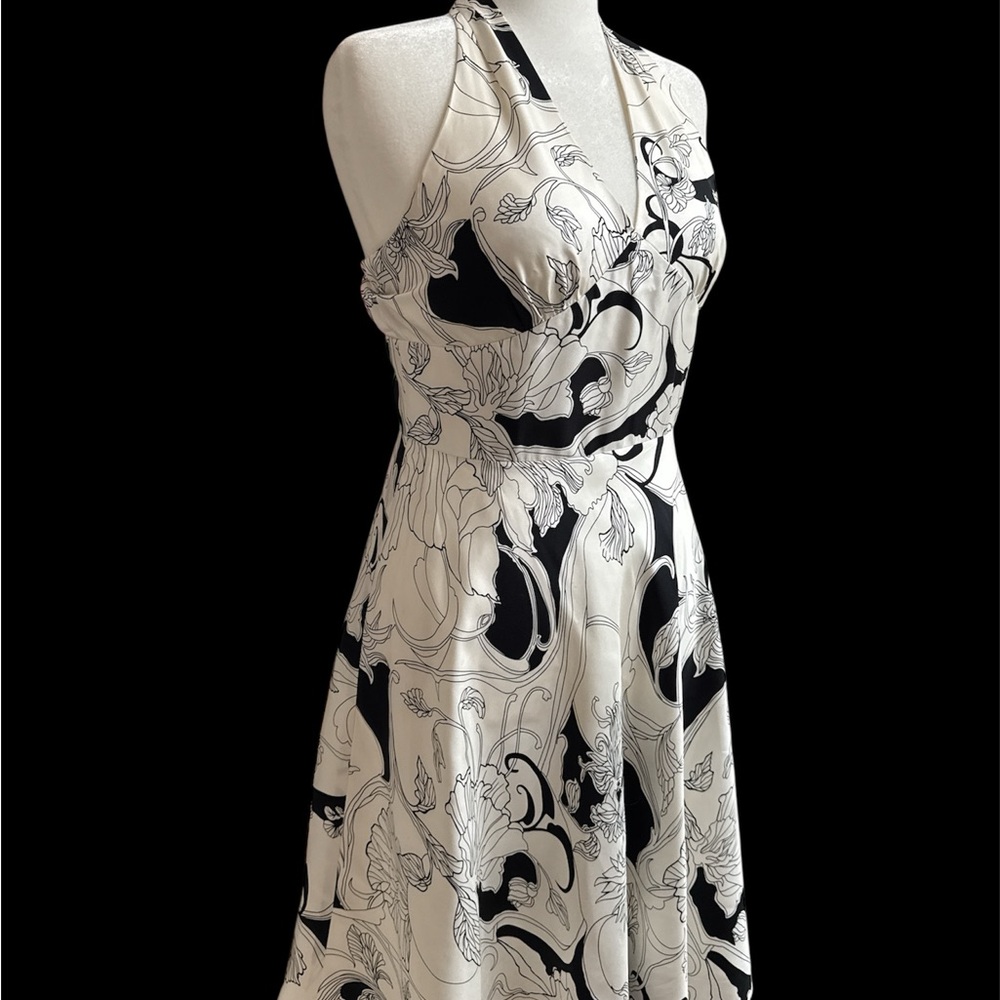 Maggy London Black & White Halter Floral Midi Dress